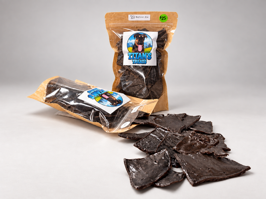 Titan's Treats single ingredient dehydrated beef liver dog treats in resealable bags