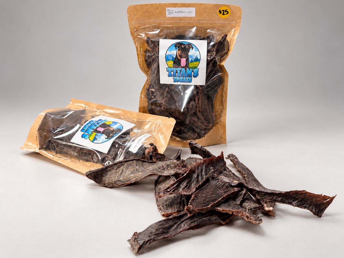 Titan's Treats single ingredient dehydrated beef heart dog treats in resealable bags