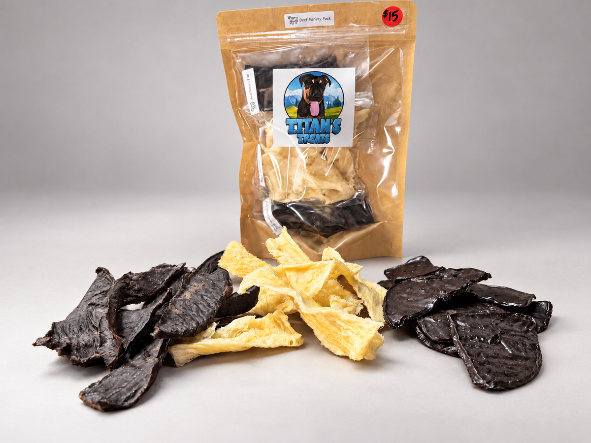 Titan's Treats Beef Variety Pack with beef liver, beef heart and beef tripe dog treats