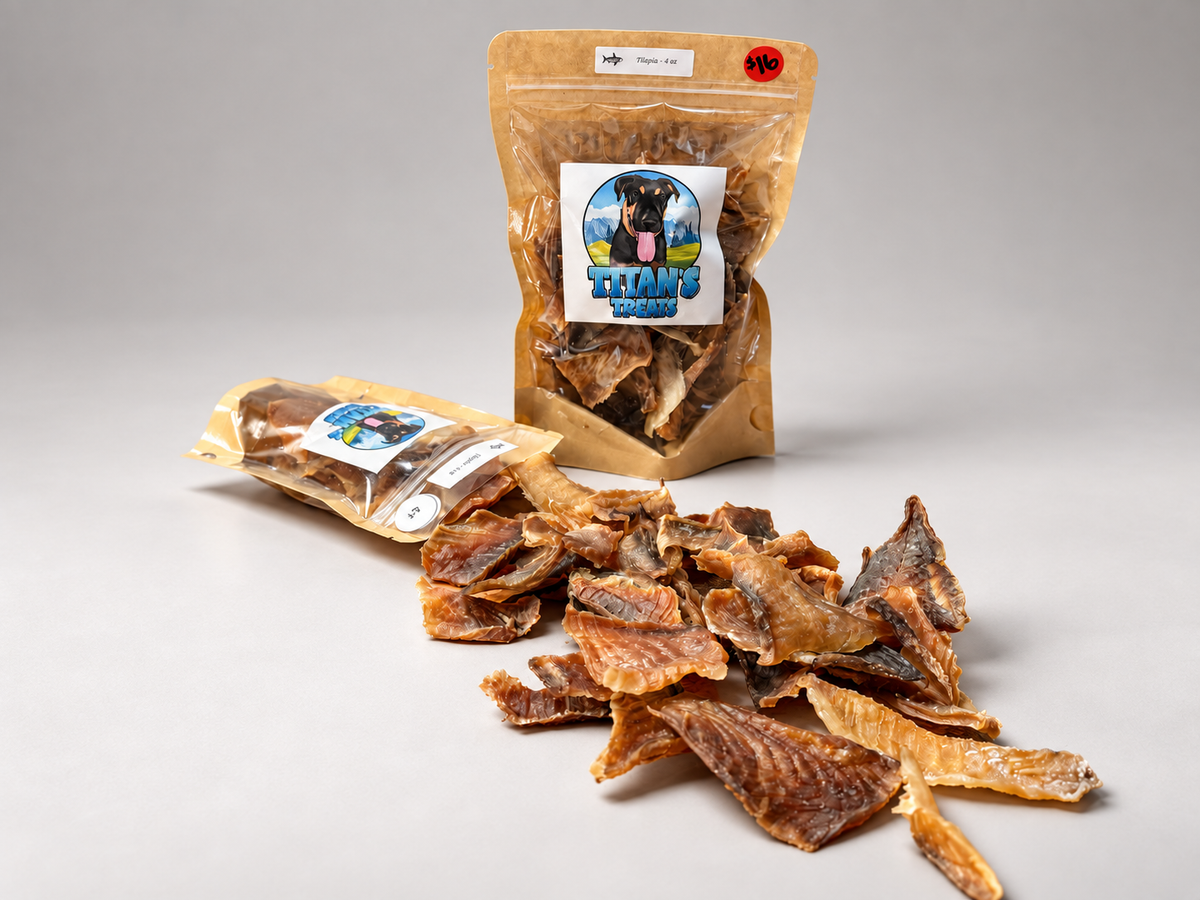 Titan's Treats single ingredient dehydrated tilapia fish dog treats in resealable bags