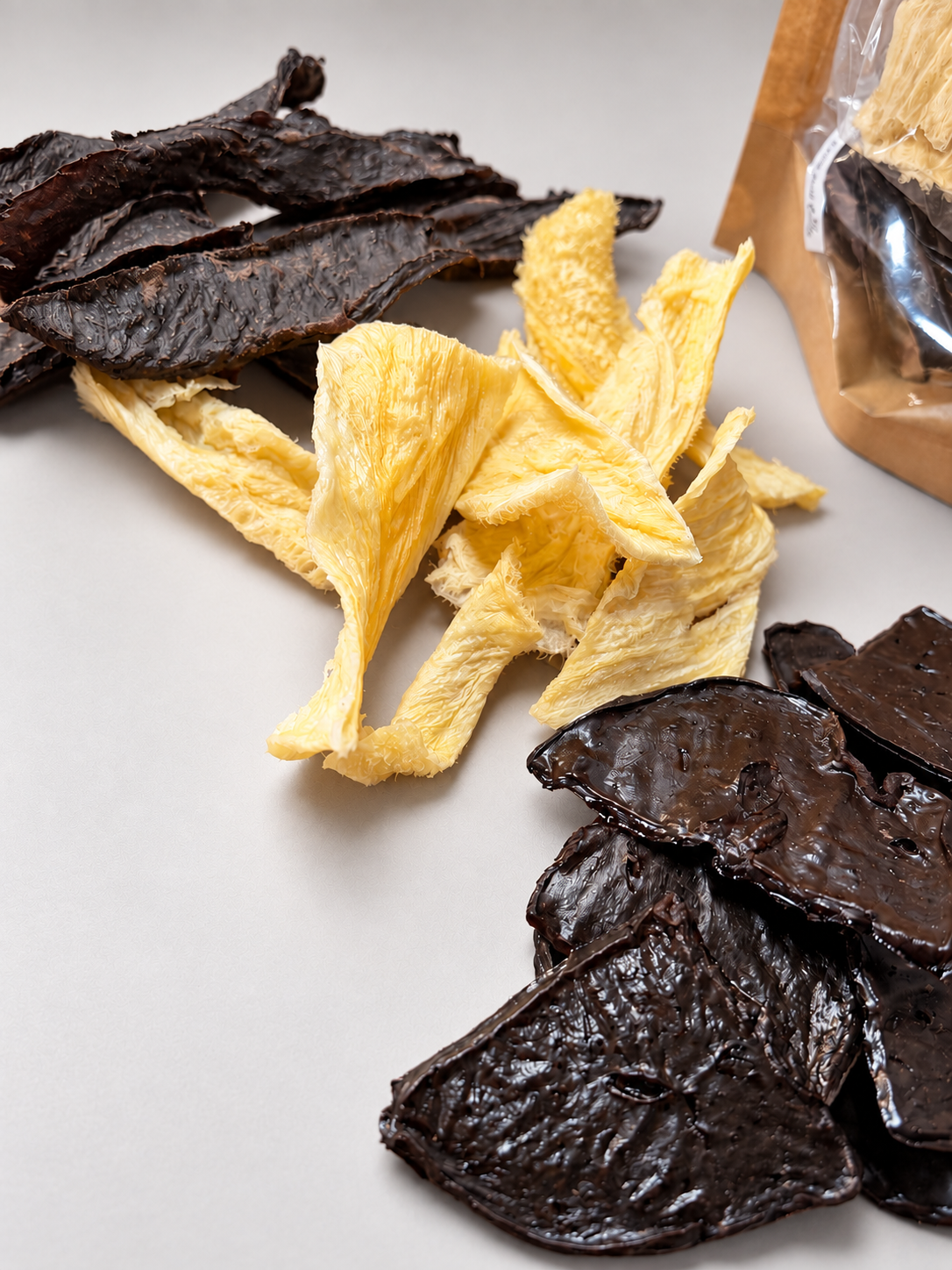 Close up of dehydrated beef liver, beef heart and beef tripe dog treats