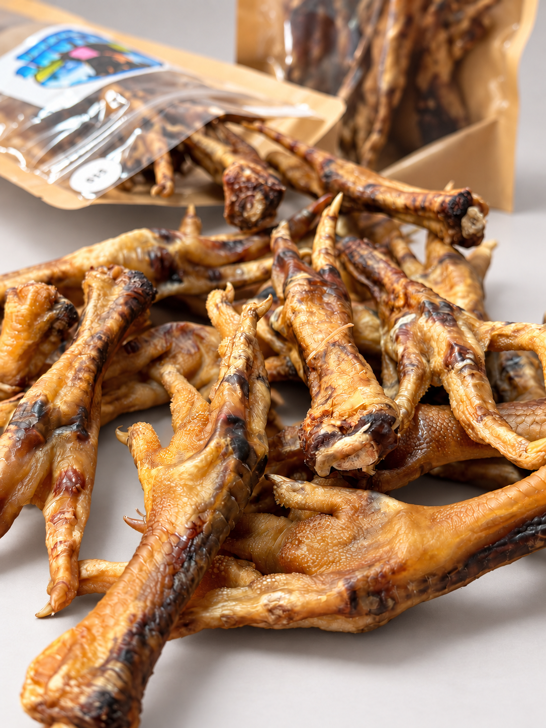 Close up of crunchy dehydrated chicken feet dog chews
