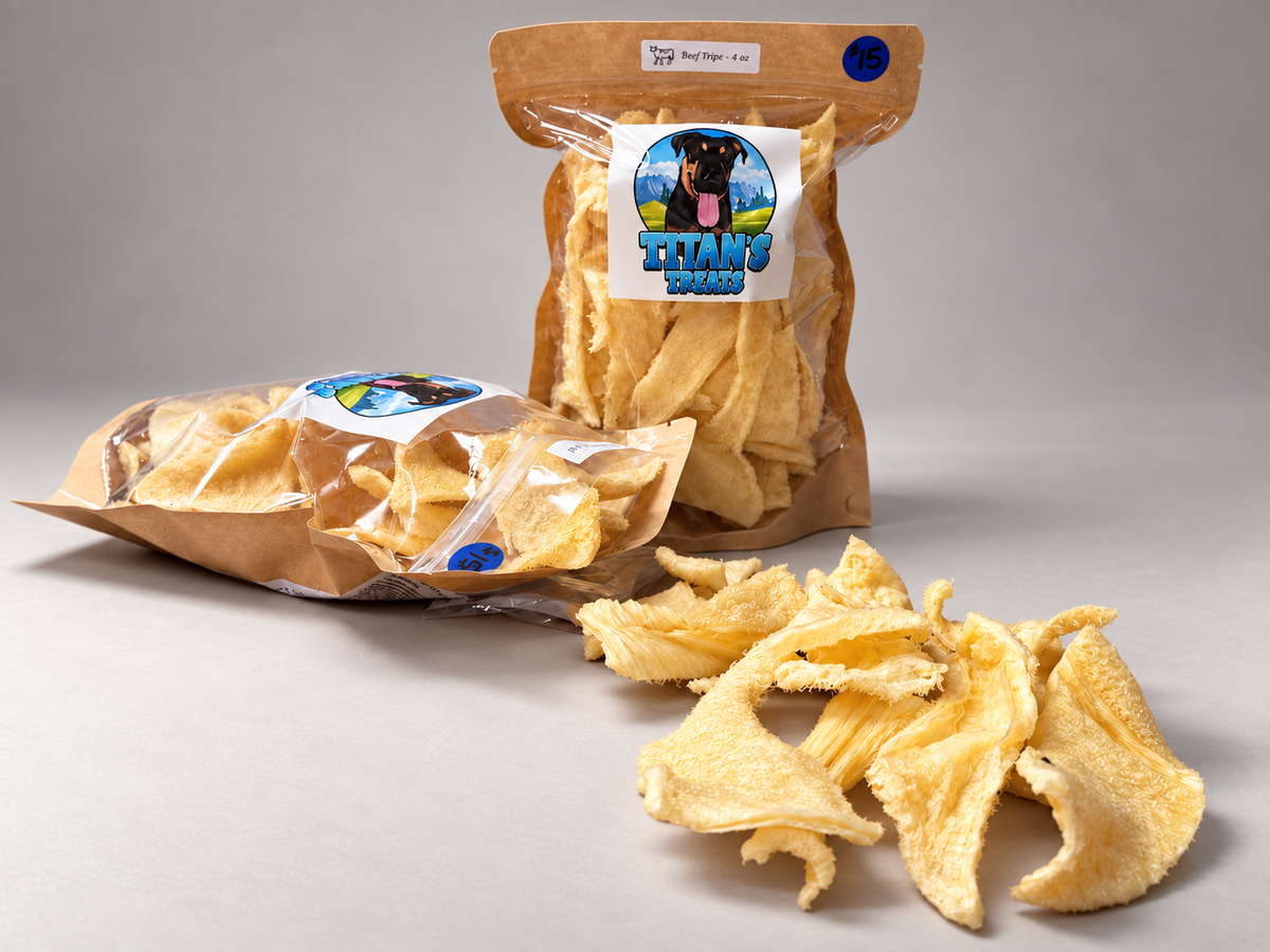 Titan's Treats single ingredient dehydrated beef tripe dog treats in resealable bags
