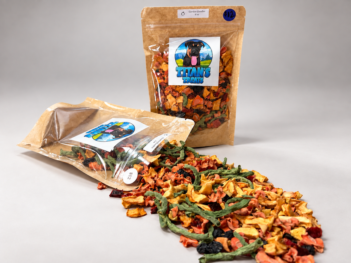 Titan's Treats Garden Goodies dehydrated fruit and vegetable dog treat topper in resealable bags