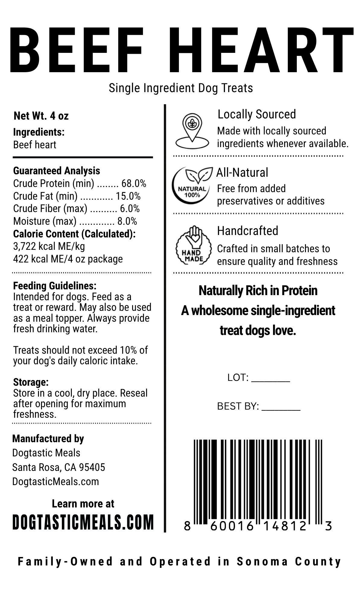 Beef heart dog treats label with ingredients and guaranteed analysis
