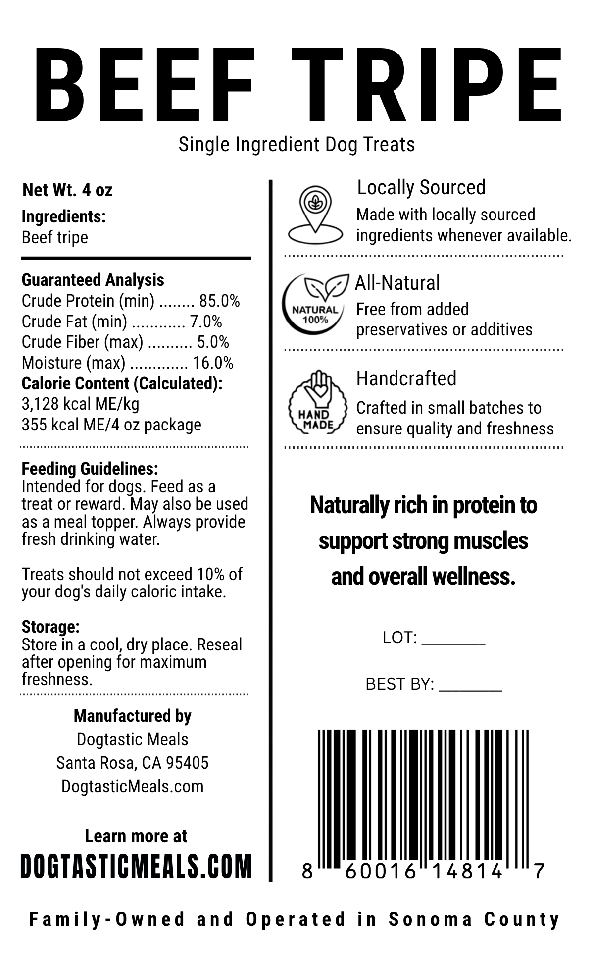 Beef tripe dog treats label with ingredients and guaranteed analysis