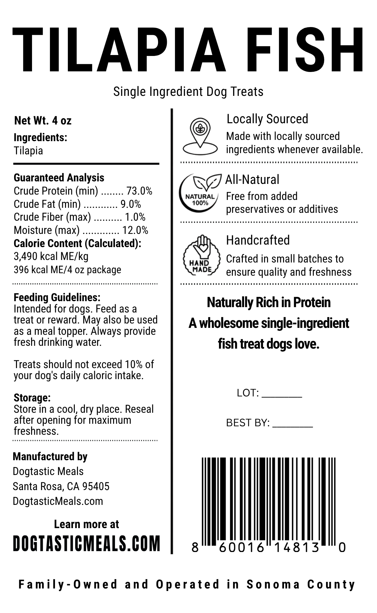 Tilapia fish dog treats label with ingredients and guaranteed analysis