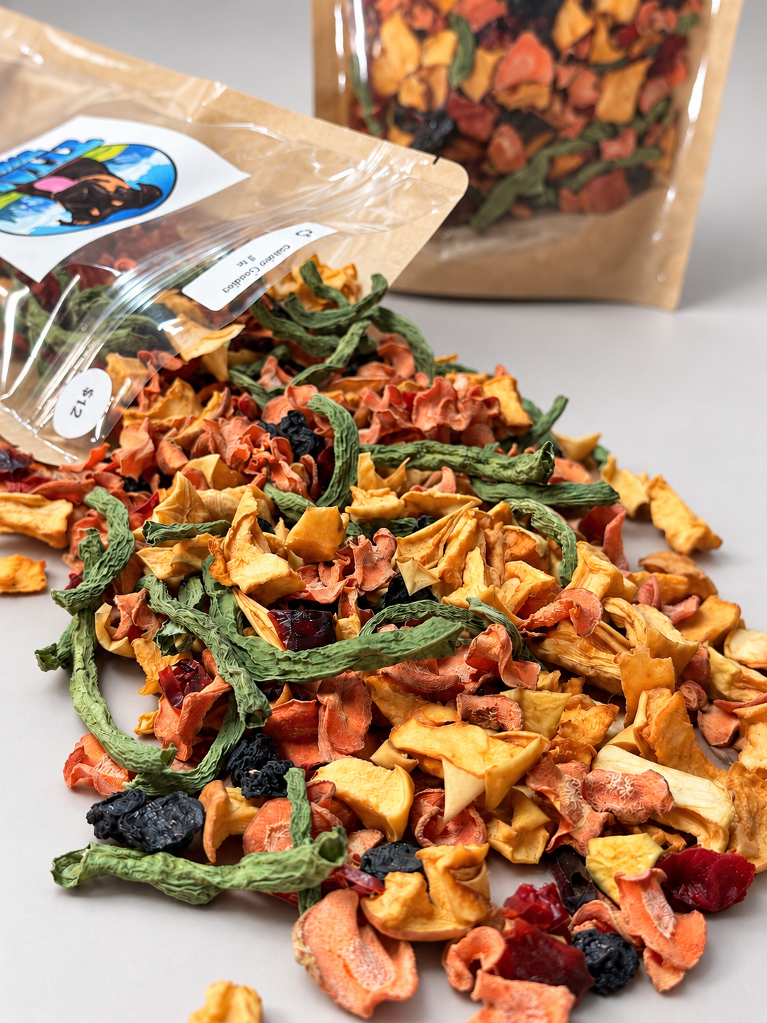Close up of colorful dehydrated fruit and vegetable pieces for dogs