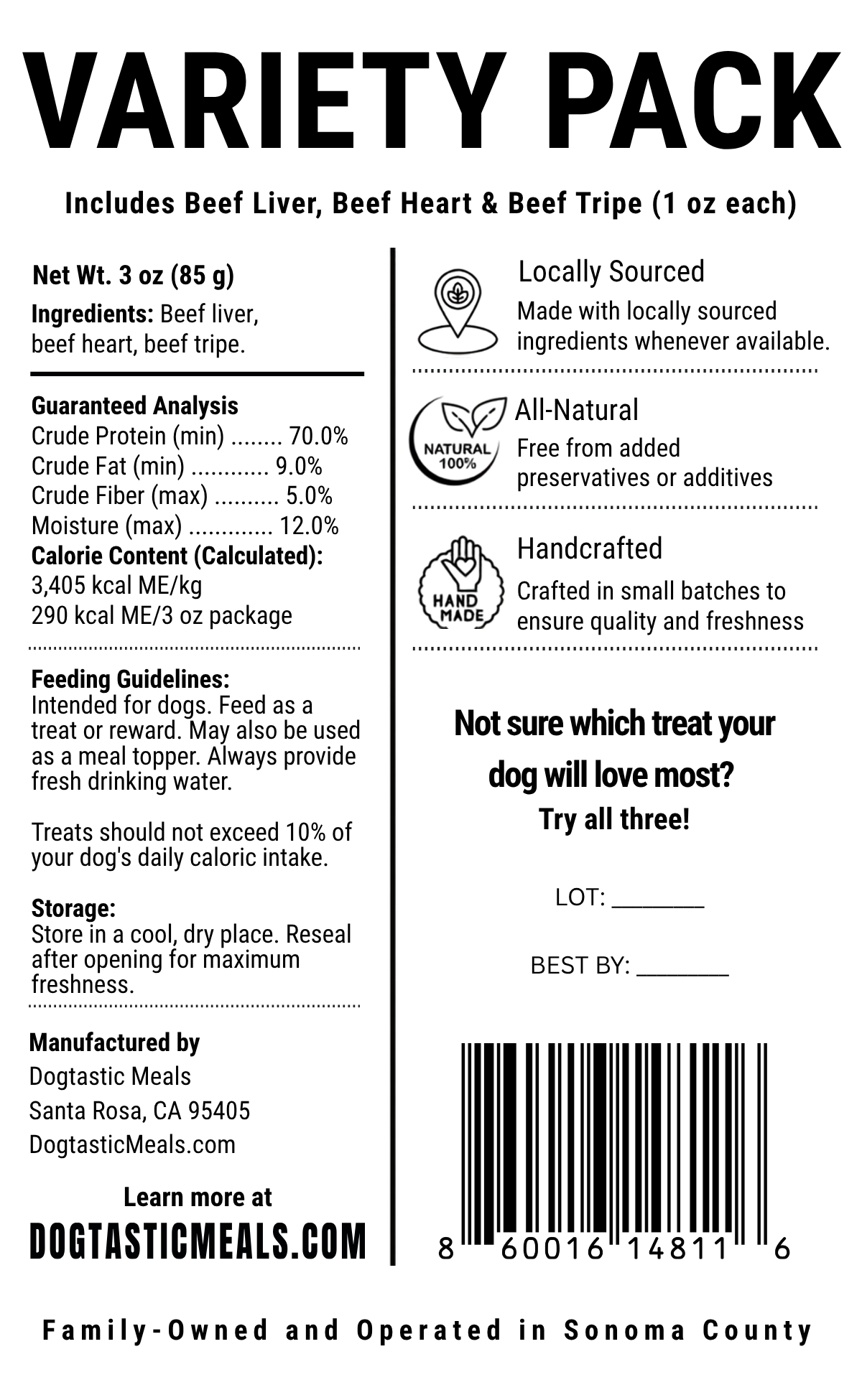 Beef Variety Pack dog treats label with ingredients and guaranteed analysis