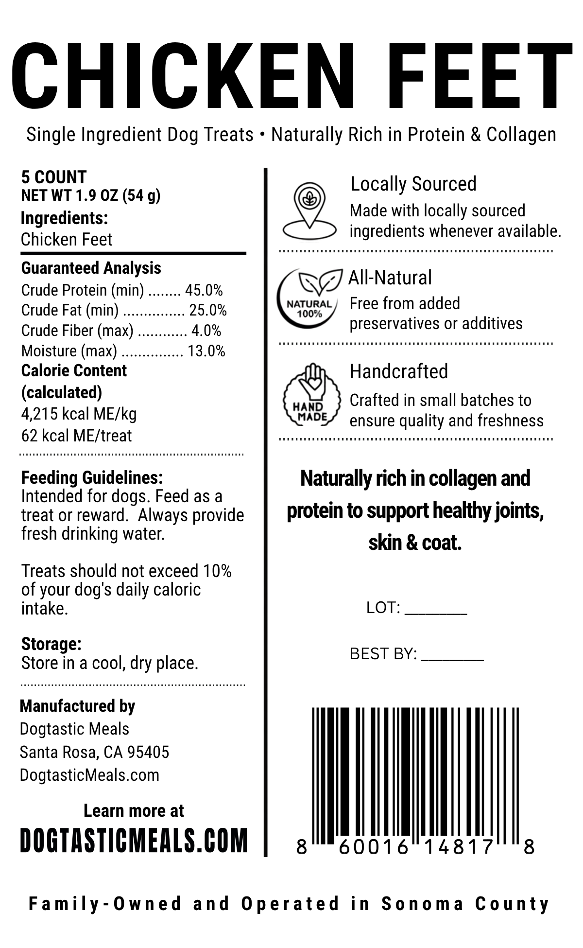 Chicken feet dog treats label with ingredients and guaranteed analysis
