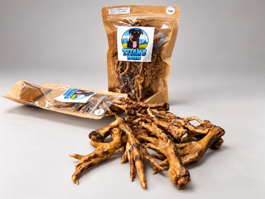 Titan's Treats single ingredient dehydrated chicken feet dog chews in a resealable bag