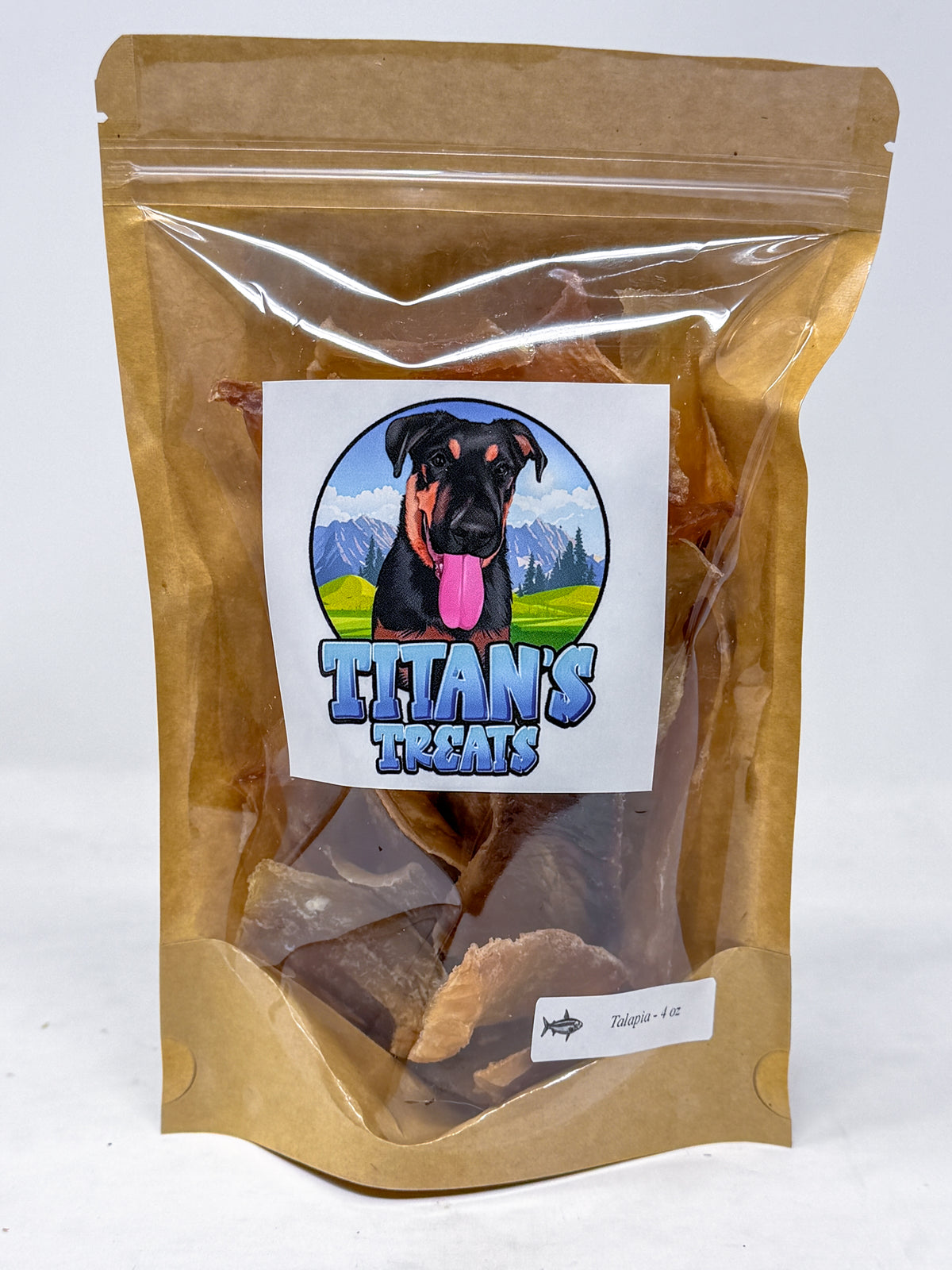 Titan's Treats 4 oz dehydrated tilapia dog treats in resealable bag
