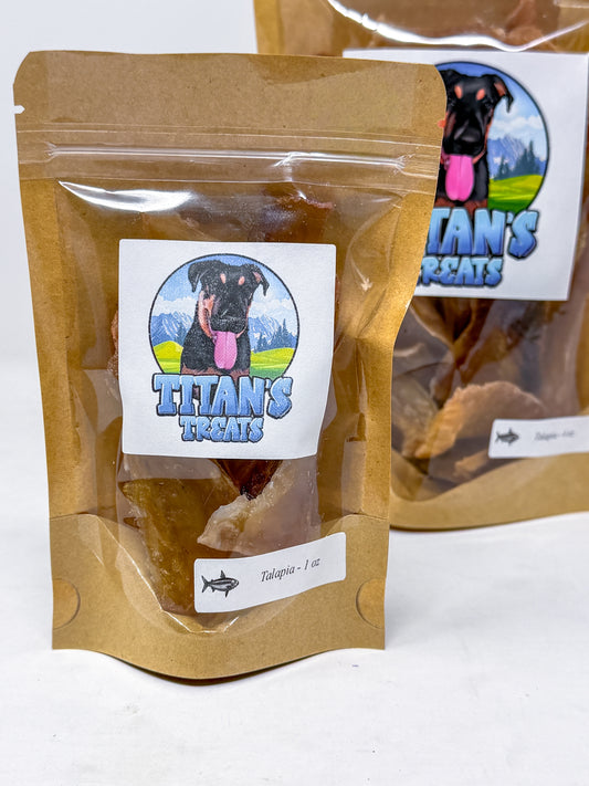 Titan's Treats dehydrated tilapia dog treats in resealable bags