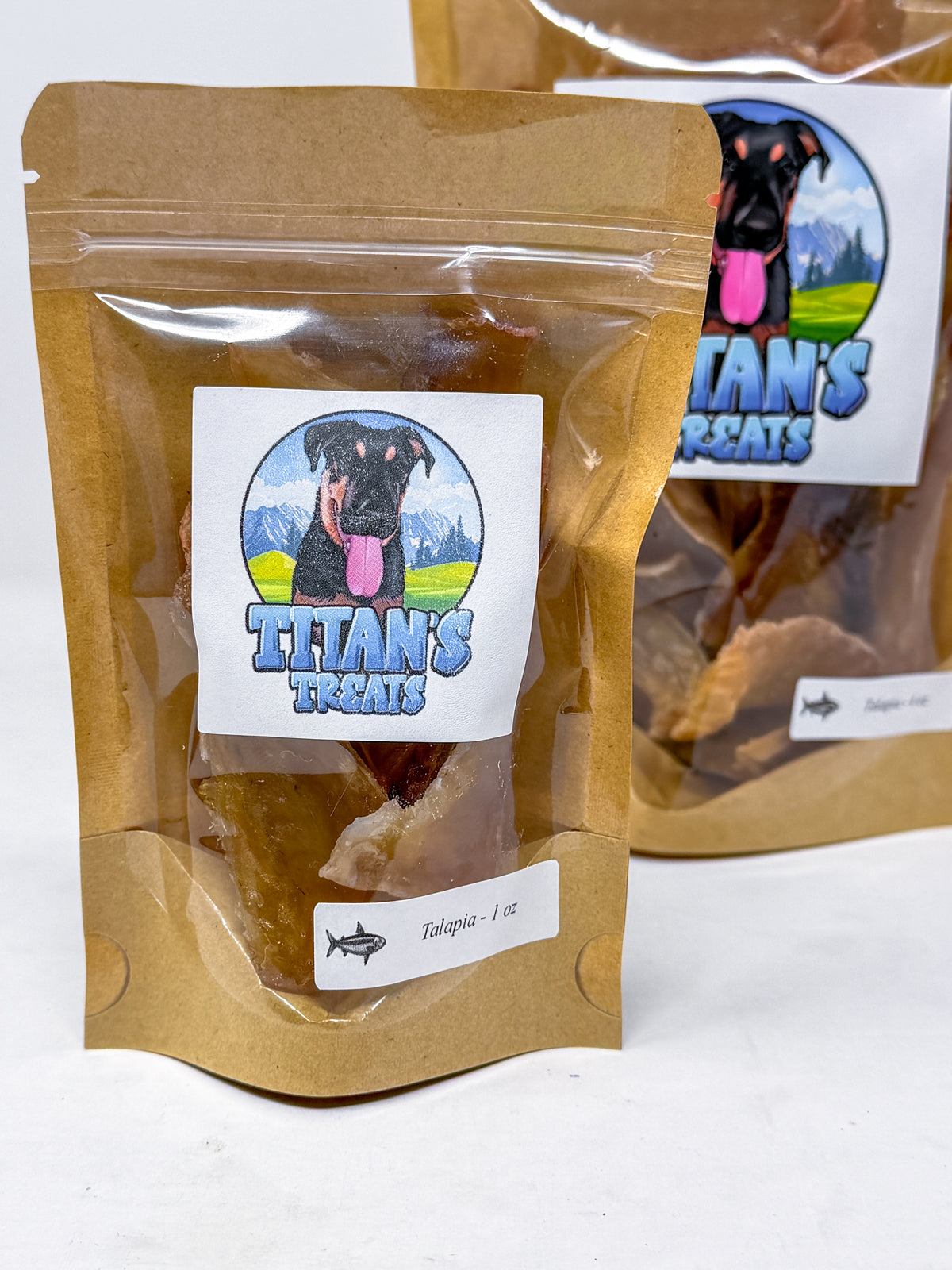 Titan's Treats dehydrated tilapia dog treats in resealable bags