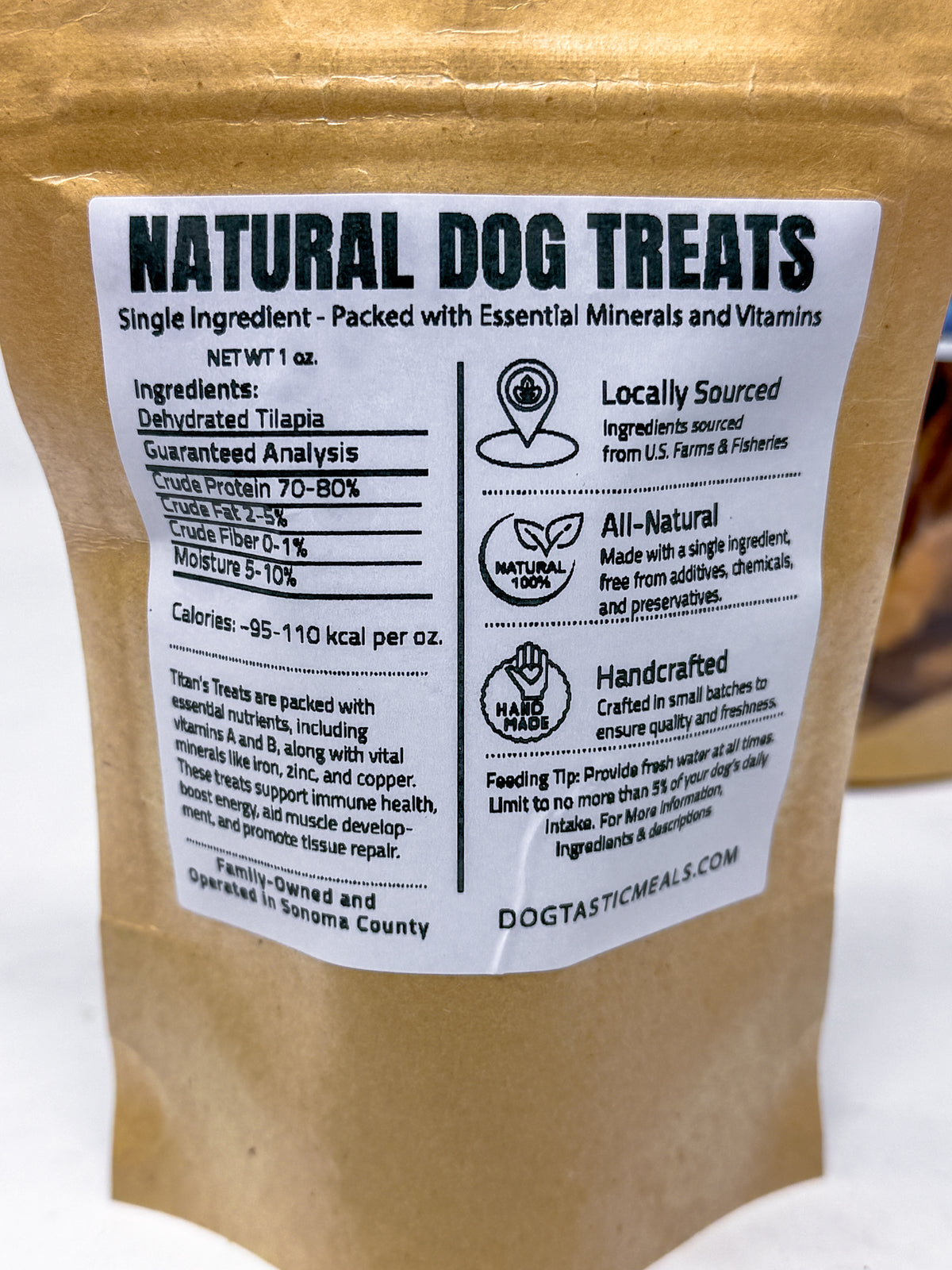 Back of Titan's Treats dehydrated tilapia dog treats package with product information