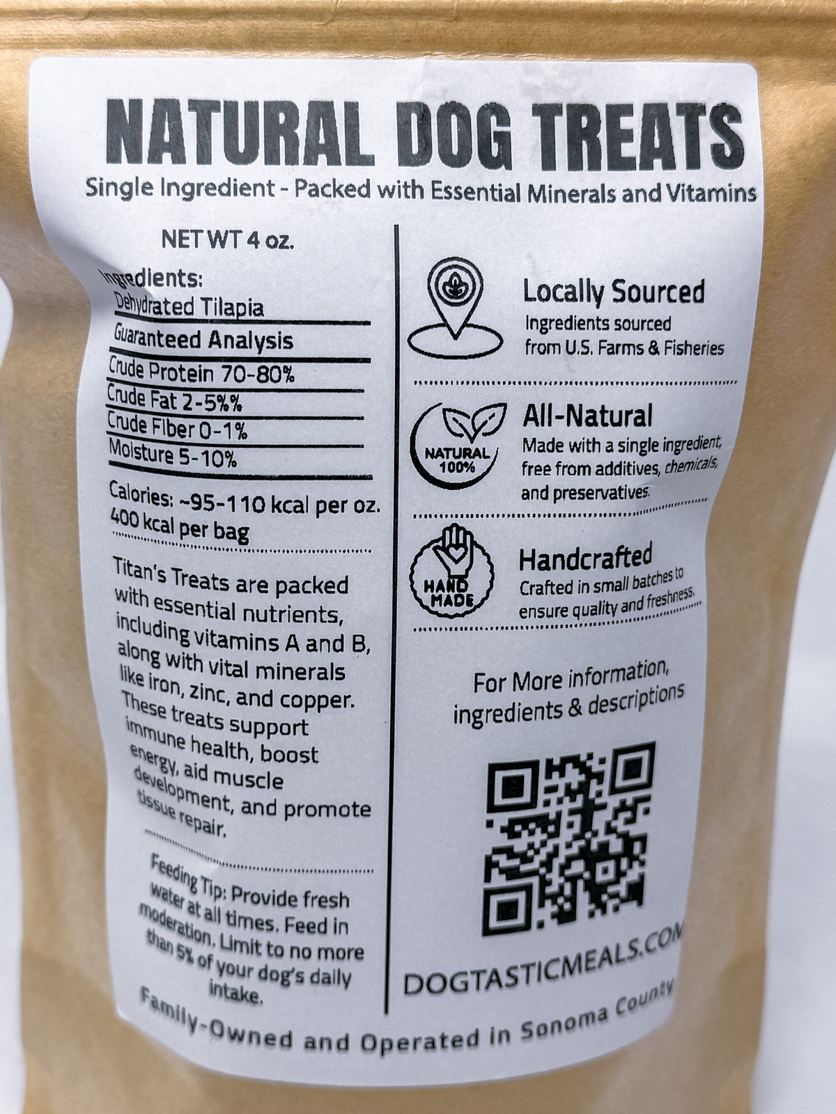 Back of Titan's Treats dehydrated tilapia dog treats package with product information