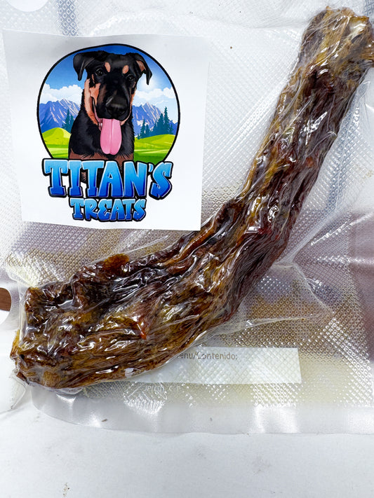 Titan's Treats dehydrated whole turkey neck dog chew in vacuum sealed package