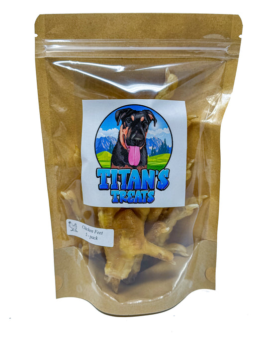 Package of Titan's Treats dehydrated chicken feet dog treats