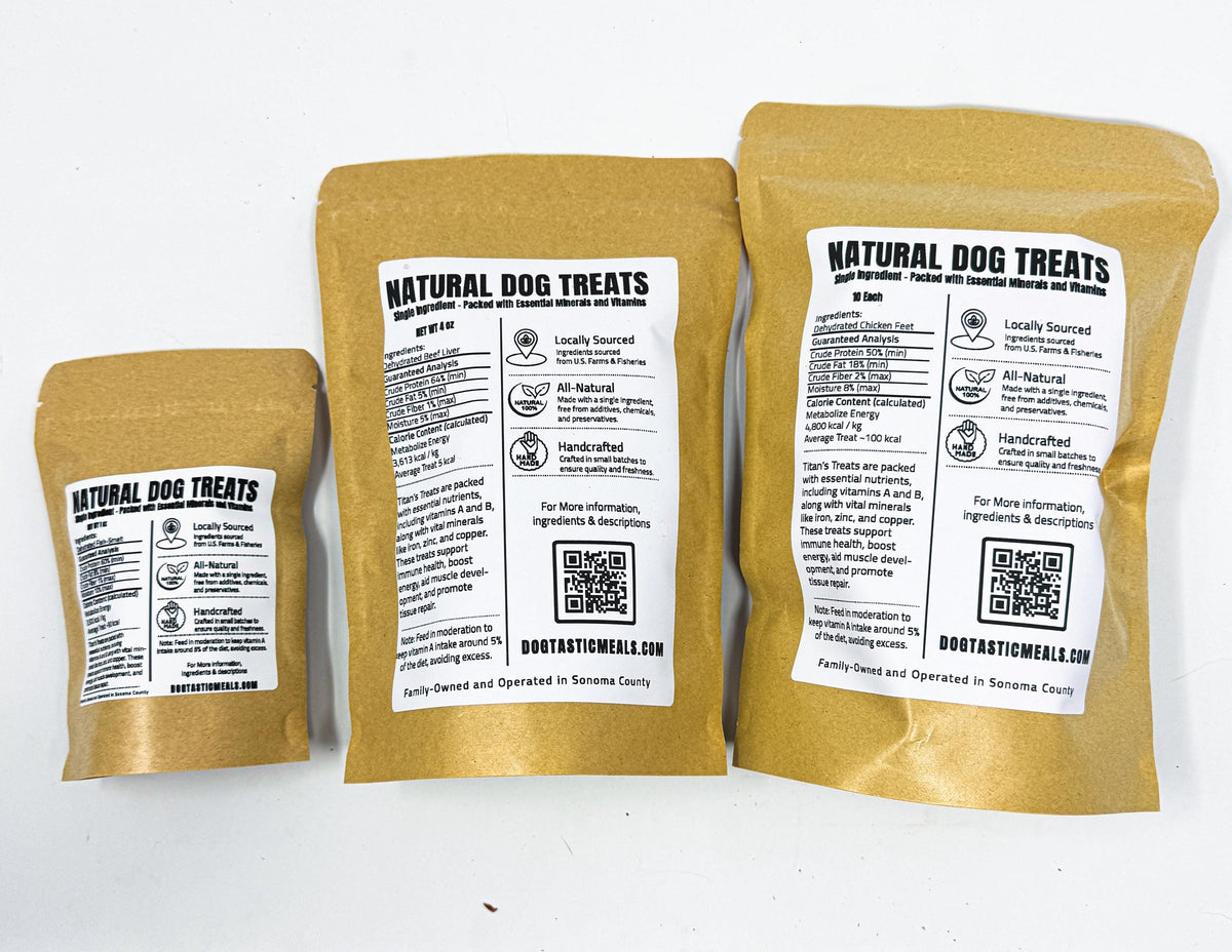 Titan's Treats dehydrated whole smelt dog treat packages in multiple sizes