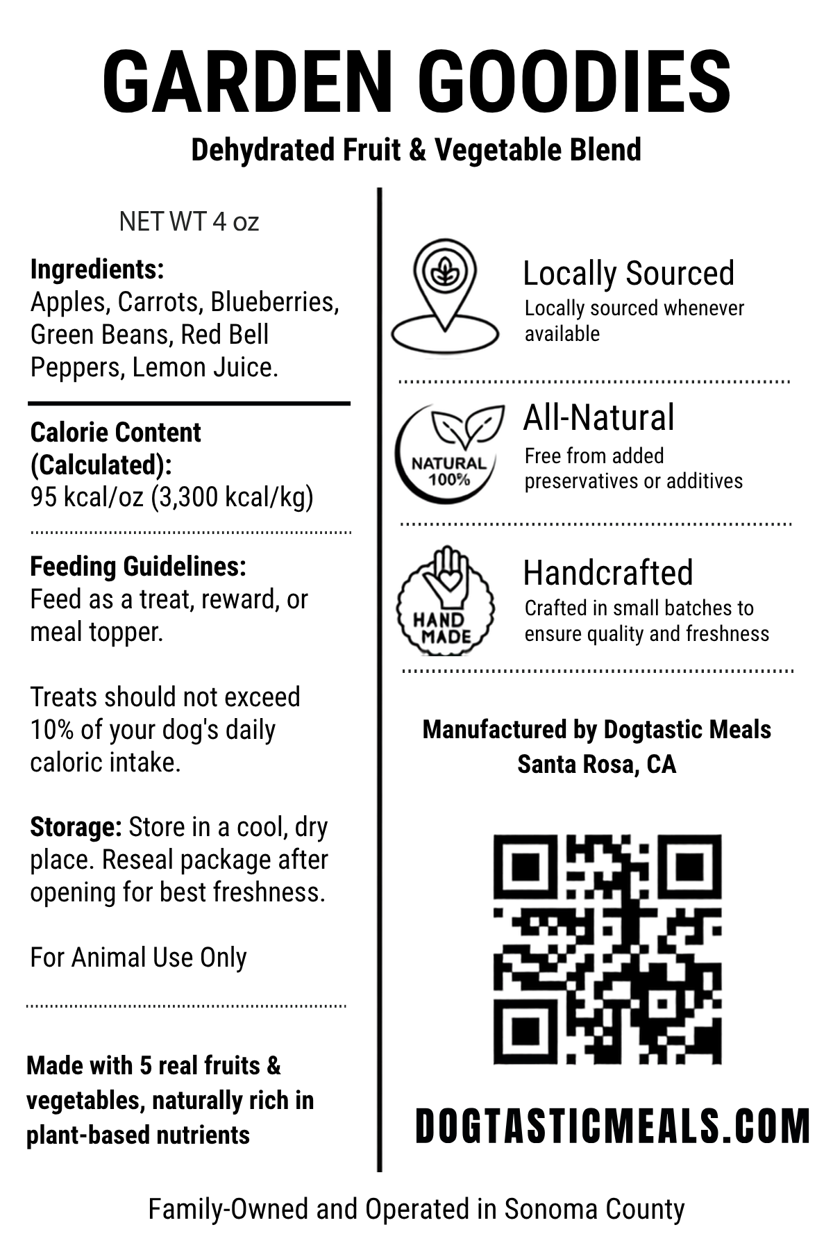 Garden Goodies dog treat topper label with ingredients apples, carrots, blueberries, green beans, red bell peppers and lemon juice